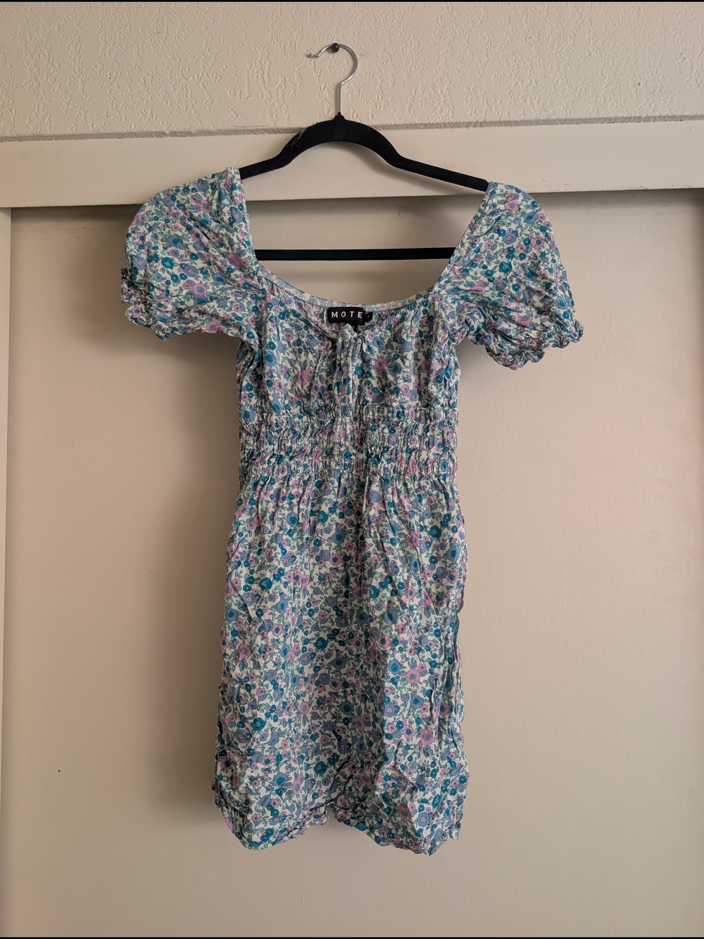Motel Rocks Floral Puff Sleeve Mini Dress in Blue & Pink